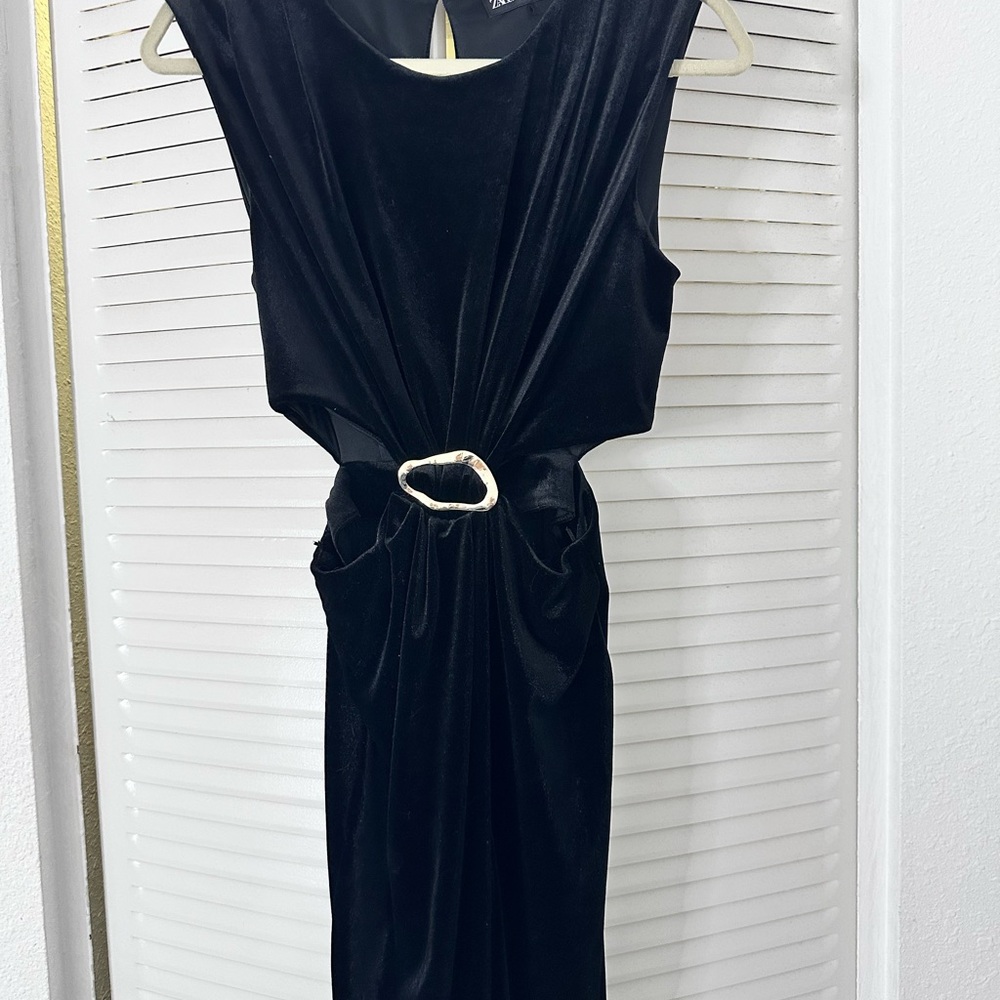 Zara Black Velvet Midi Dress with Waist Cutout